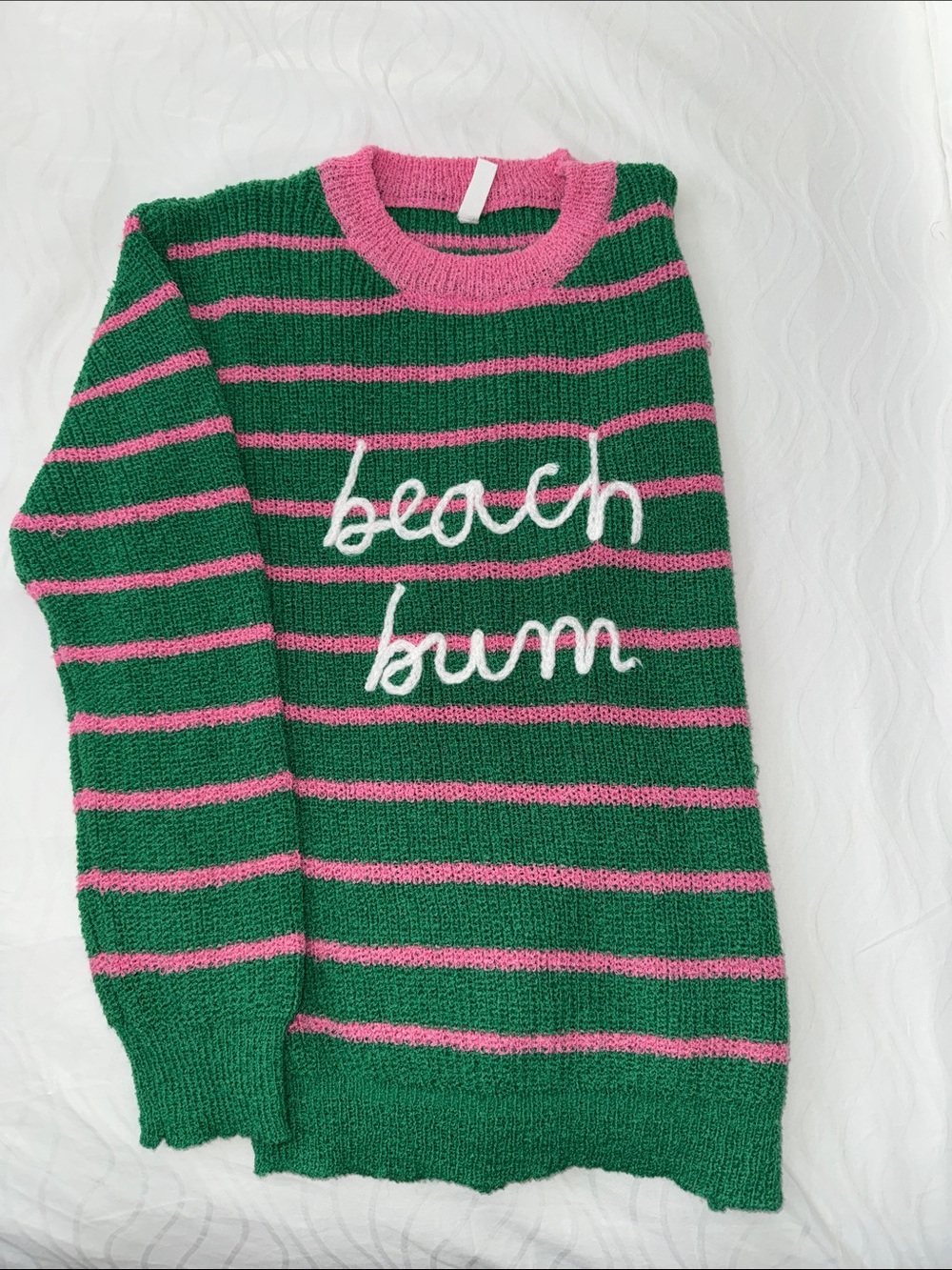 Green and Pink Striped Crewneck Sweater with 'beach bum' Script